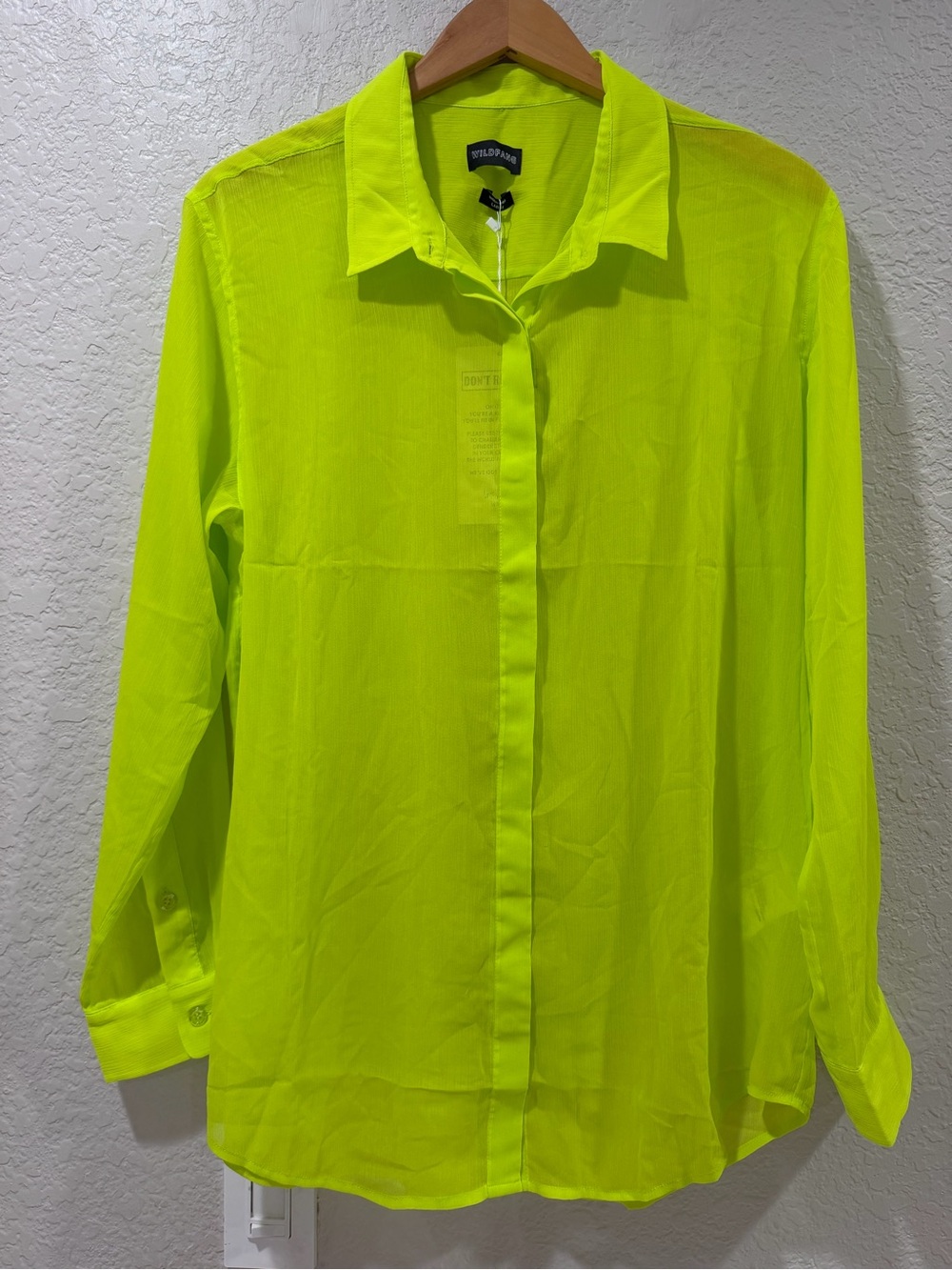 Wildfang The Empower Sheer Long Sleeve Button Up Neon Green NWT Size Large